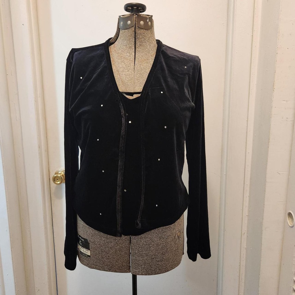 Velvet two-piece set featuring halter tank top with long-sleeve cardigan.